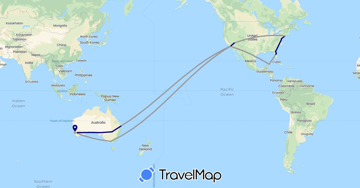TravelMap itinerary: driving, plane in Australia, Mexico, United States (North America, Oceania)